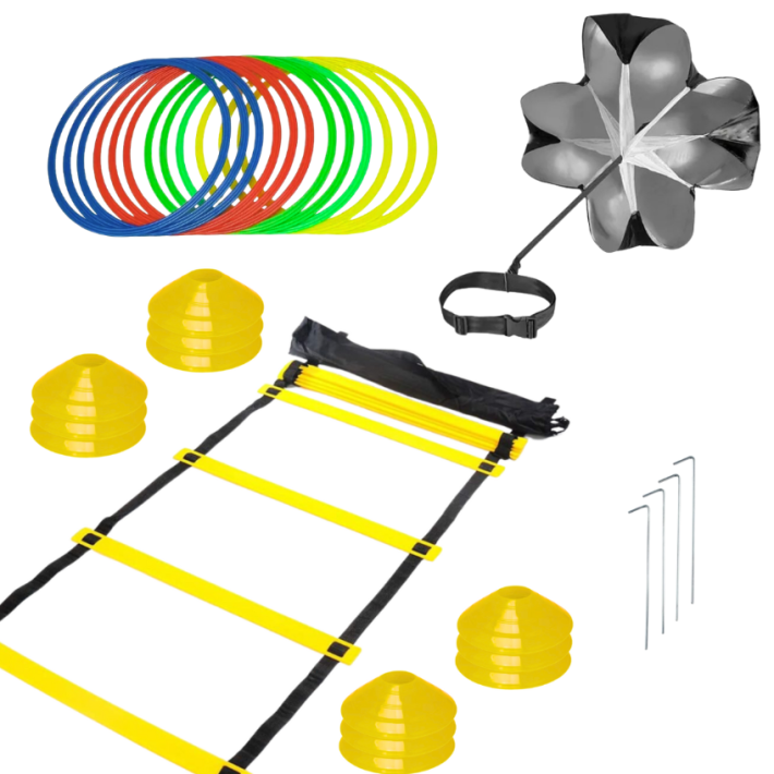 Kit de Entrenamiento de Agilidad 4 en 1 (Aros + Conos + Escalera + Paracaídas)